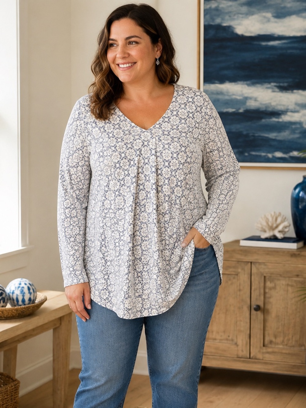 bobeau White and Blue V-Neck Long Sleeve Floral Top